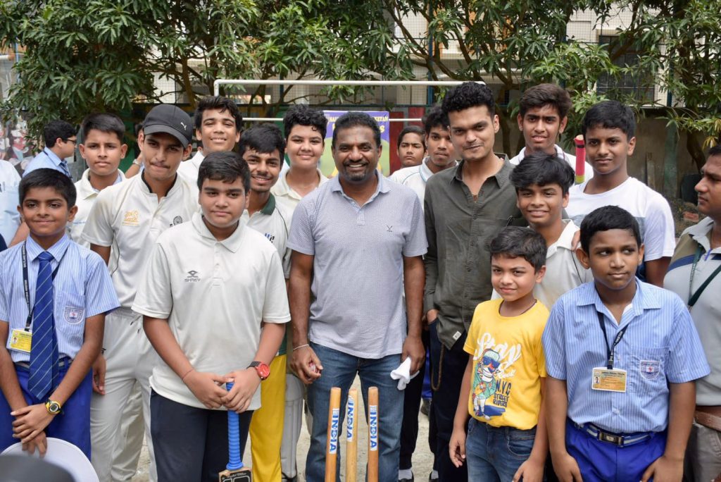 The legendary Sri Lankan cricketer Muthiah Muralidaran with Actor Madhurr Mittal played cricket with the students of Saltlake Shiksha Niketan School.