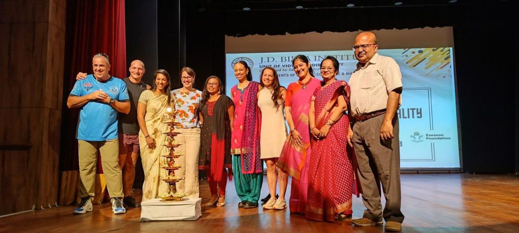 L-R: Mr. David Flood, Self Defence Instructor, Australia, Mr. Sully J Luepke, Physical Training Instructor, USA, Dr. Ajitha Naidu Sugnanam, Dentist, Royal Australia Forces, Australia, Dr. Joanna H. Mackson, Women's Sexual Health Doctor, Mrs. Krishneeta Kashyap, Provisional Psychologist, Axis Clinic (Private Practice), Dr. Olan Hartley, Dentist (Private Practice), Australia, Mrs. Ann Elizabeth Knabb, Certified ISSA Nutritionist owner - Keep it Simple Nutrition LLC along with Dr. Deepali Singhee, Dr. Sraboni Dutta and Dr. Tapobrata Ray at the inauguration of 3 days workshop organised by J D Birla Institute on Limitless Potential - A step towards Gender Equality in association with Vidya Veda Foundation and Esesson Foundation, Australia in Vidya Mandir Auditorium today.
