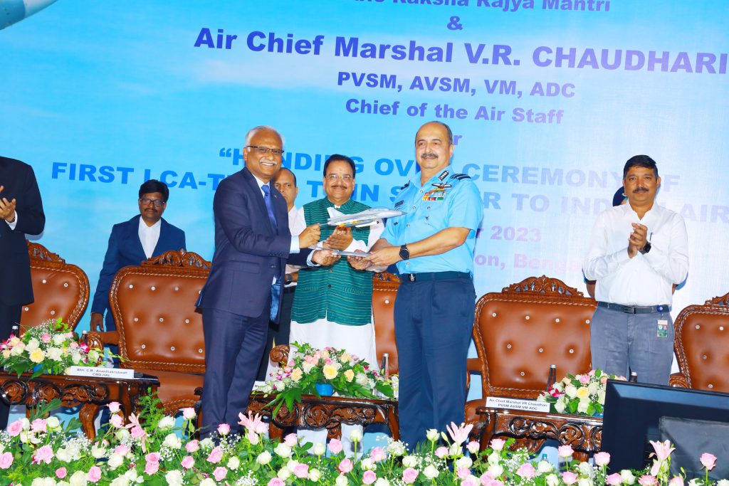 The Minister of State for Defence and Tourism, Shri Ajay Bhatt handing over Twin seater LCA Tejas to the Indian Air Force, in Bengaluru on October 04, 2023.