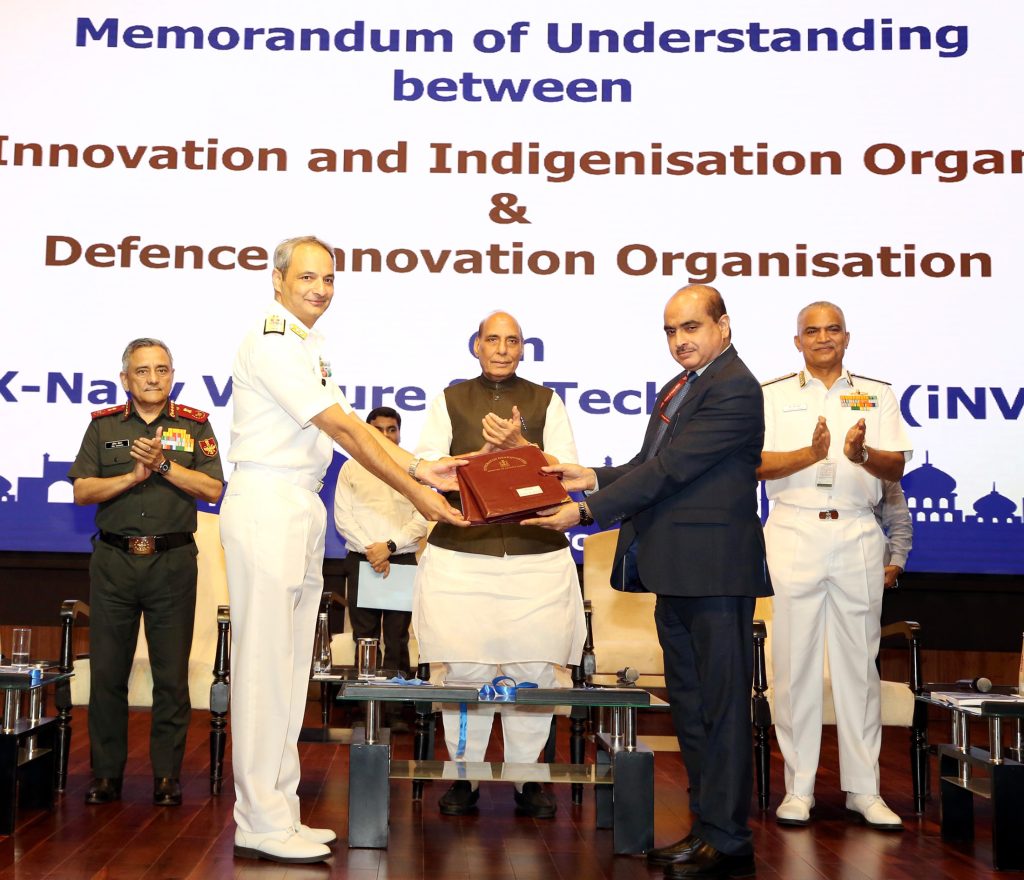The Union Minister for Defence, Shri Rajnath Singh witnesses the Signing of MoU between Naval Innovation and Indigenisation Organisation (NIIO) and Defence Innovation Organisation (DIO), in New Delhi on October 04, 2023.
