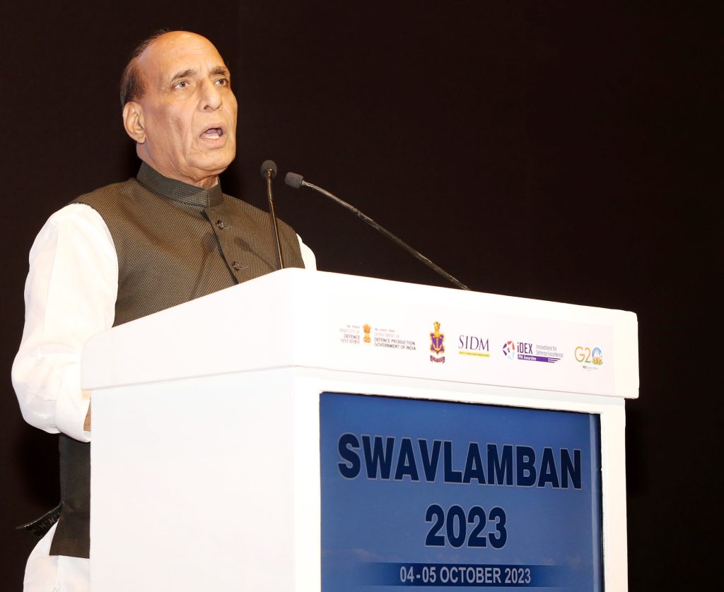 The Union Minister for Defence, Shri Rajnath addressing at the plenary session of ‘Swavlamban 2.0’, the two-day seminar of Naval Innovation and Indigenisation Organisation (NIIO), in New Delhi on October 04, 2023.