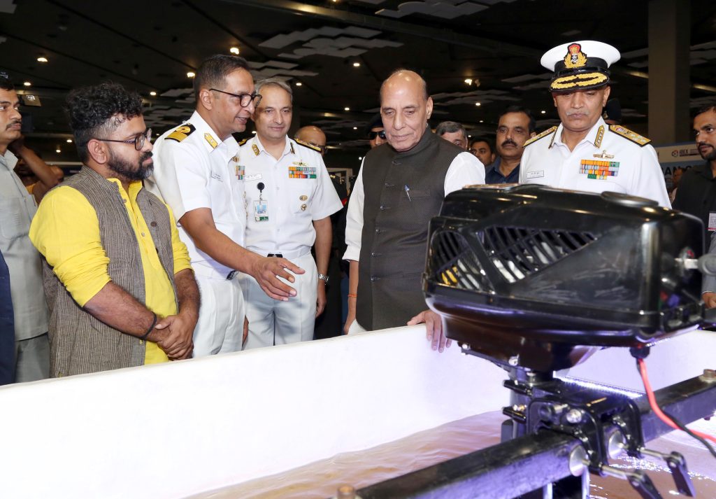 The Union Minister for Defence, Shri Rajnath visits exhibition during the plenary session of ‘Swavlamban 2.0’, the two-day seminar of Naval Innovation and Indigenisation Organisation (NIIO), in New Delhi on October 04, 2023.