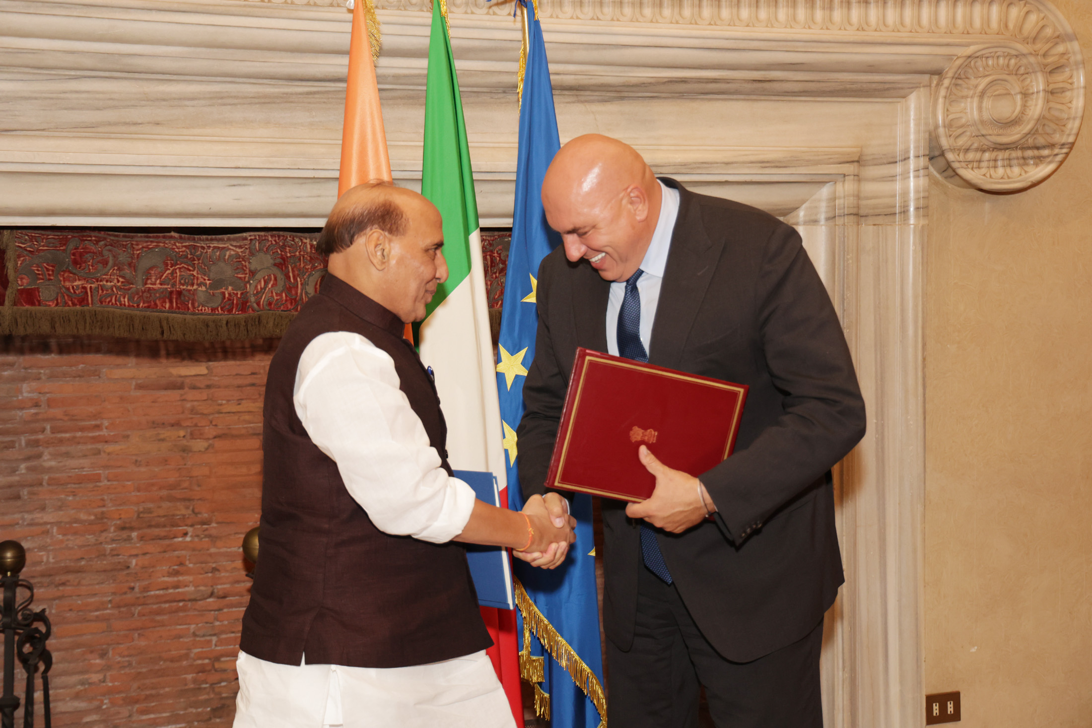The Union Minister for Defence, Shri Rajnath Singh in a bilateral meeting with the Italian Defence Minister, Mr. Guido Crosetto at Rome, in Italy on October 09, 2023.