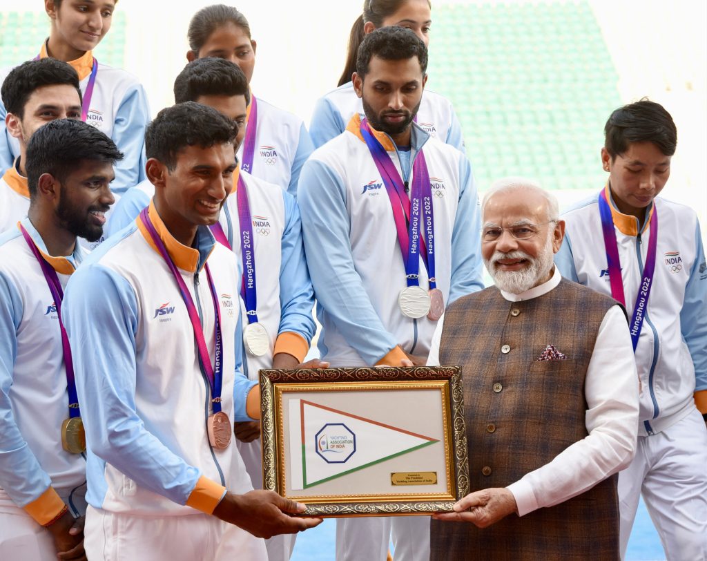 PM with Asian Games Medal winners at Major Dhyan Chand National Stadium, in New Delhi on October 10, 2023.