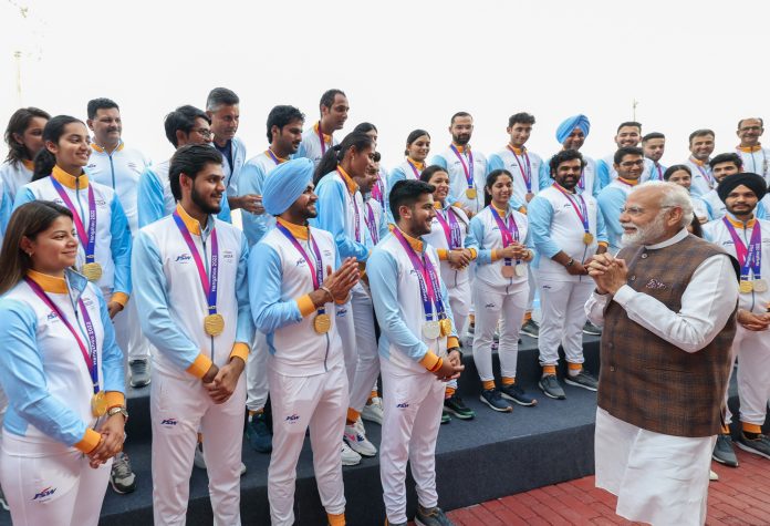 PM interacting with Asian Games Medal winners at Major Dhyan Chand National Stadium, in New Delhi on October 10, 2023.