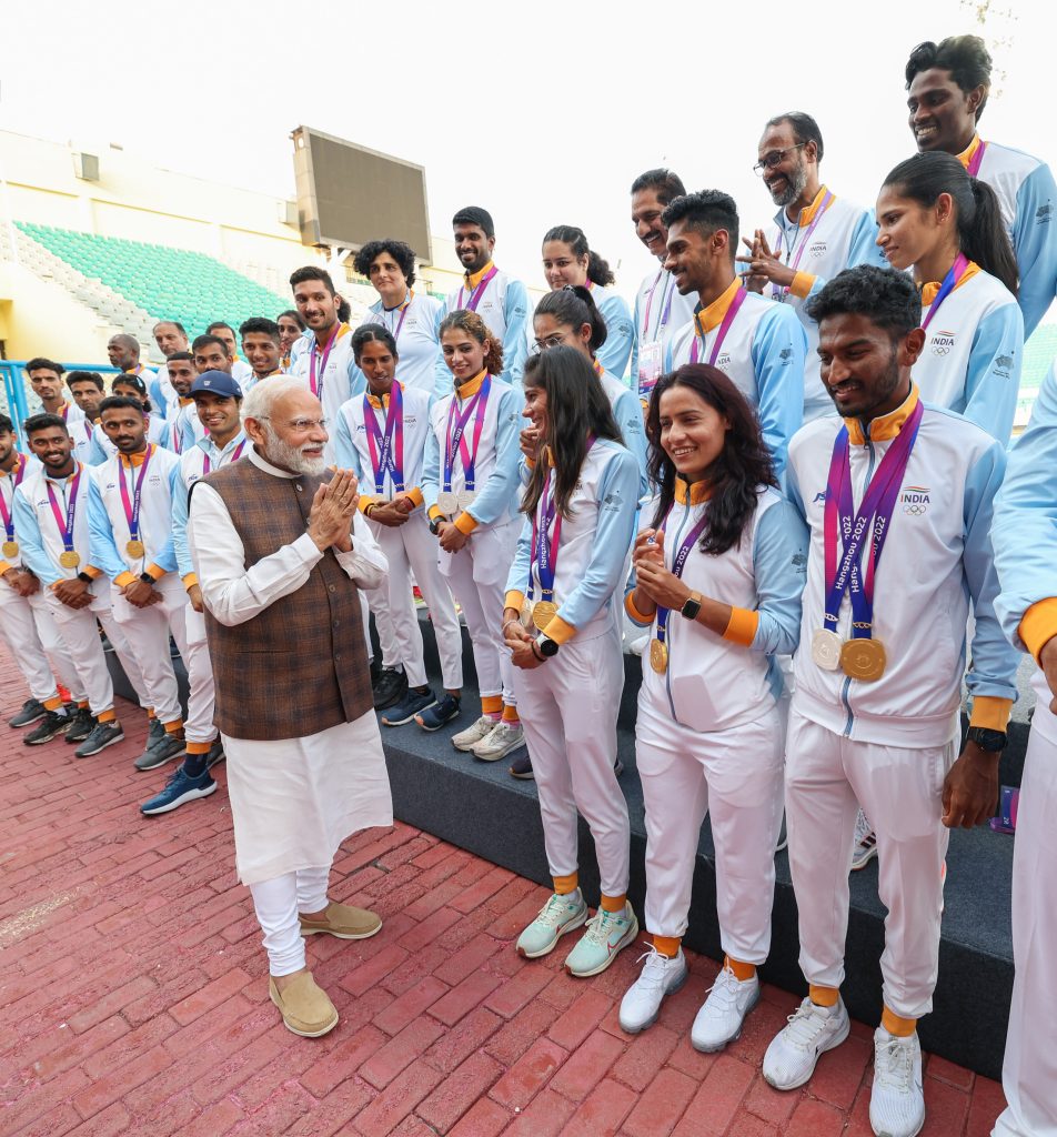 PM interacting with Asian Games Medal winners at Major Dhyan Chand National Stadium, in New Delhi on October 10, 2023.