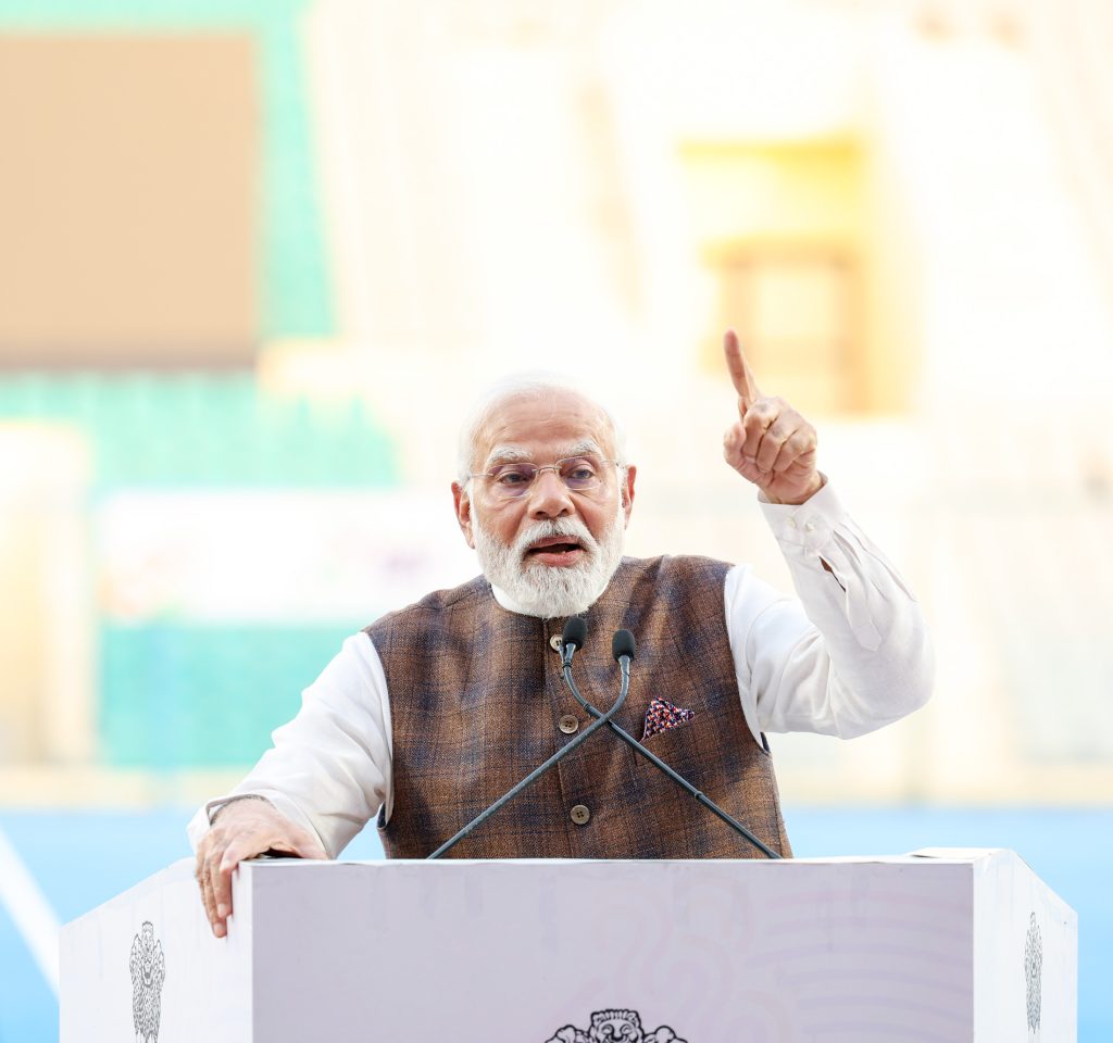 PM addressing Asian Games Medal winners at Major Dhyan Chand National Stadium, in New Delhi on October 10, 2023.