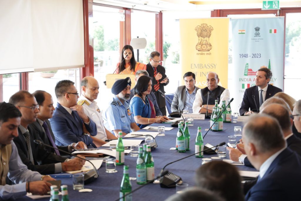 The Union Minister for Defence, Shri Rajnath Singh interaction with CEOs and other top industry leaders of Italian defence companies at Rome, in Italy on October 10, 2023.