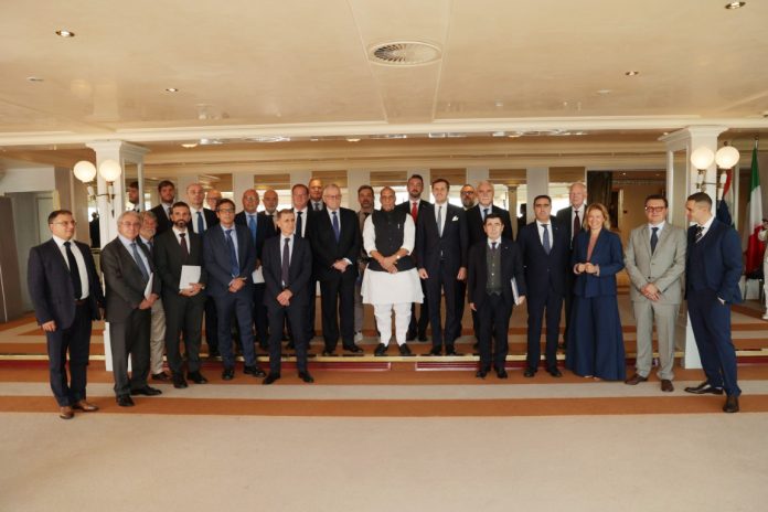 The Union Minister for Defence, Shri Rajnath Singh in a group photograph with CEOs and other top industry leaders of Italian defence companies at Rome, in Italy on October 10, 2023.