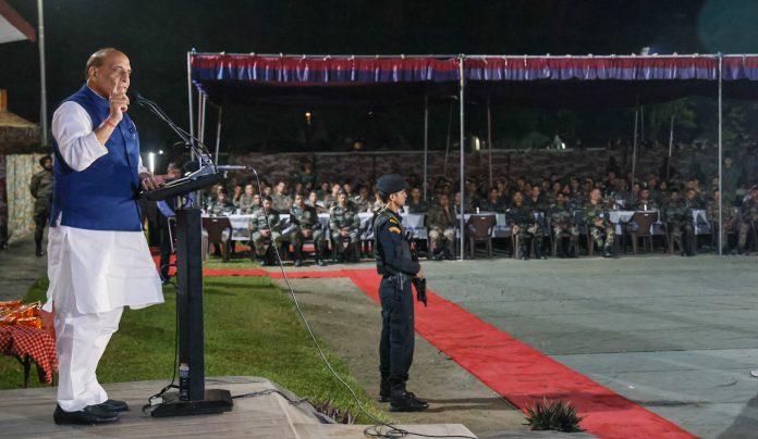 The Union Minister for Defence, Shri Rajnath Singh addressing the troops during the Barakhana organised at 4 Corps Headquarters (Tezpur), in Assam on October 23, 2023.