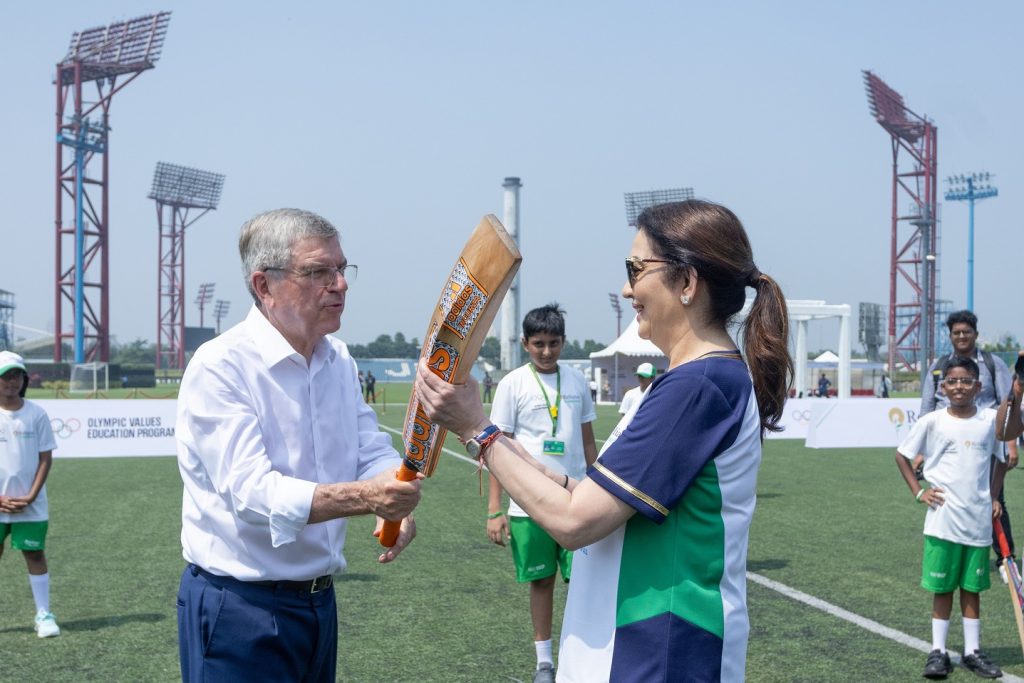 Mr. Thomas Bach - President IOC and Nita M. Ambani during the Reliance foundation - Olympic Values Education Programme held at Reliance Corporate park at Ghansoli, Navi Mumbai on October 09, 2023.