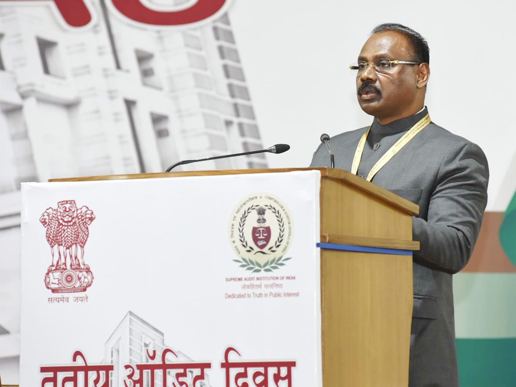 The Comptroller and Auditor General of India, Shri G. C. Murmu addressing at the 3rd Audit Diwas celebrations organized by CAG, in New Delhi on November 16, 2023.