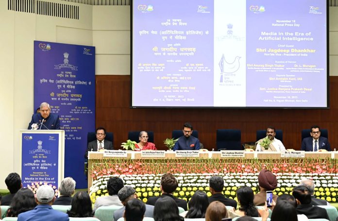 The Vice President of India and Chairman, Rajya Sabha, Shri Jagdeep Dhankhar addressing the gathering at the inaugural function of National Press Day, 2023 at Vigyan Bhawan, in New Delhi on November 16, 2023.