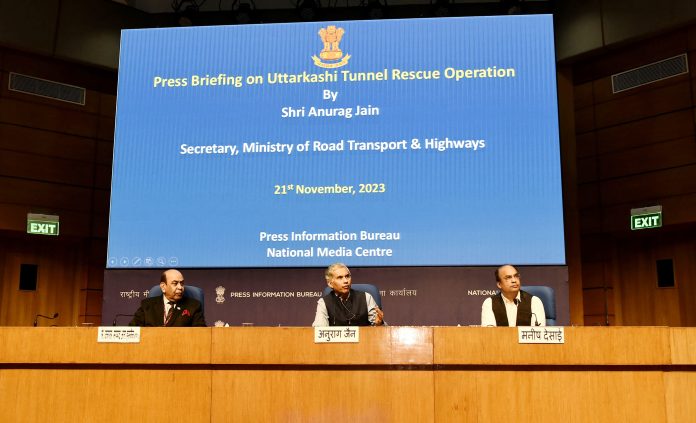 The Secretary, Ministry of Road and Transport & Highways, Shri Anurag Jain addressing a press briefing on Uttarkashi Tunnel Rescue Operation at National Media Centre, in New Delhi on November 21, 2023.