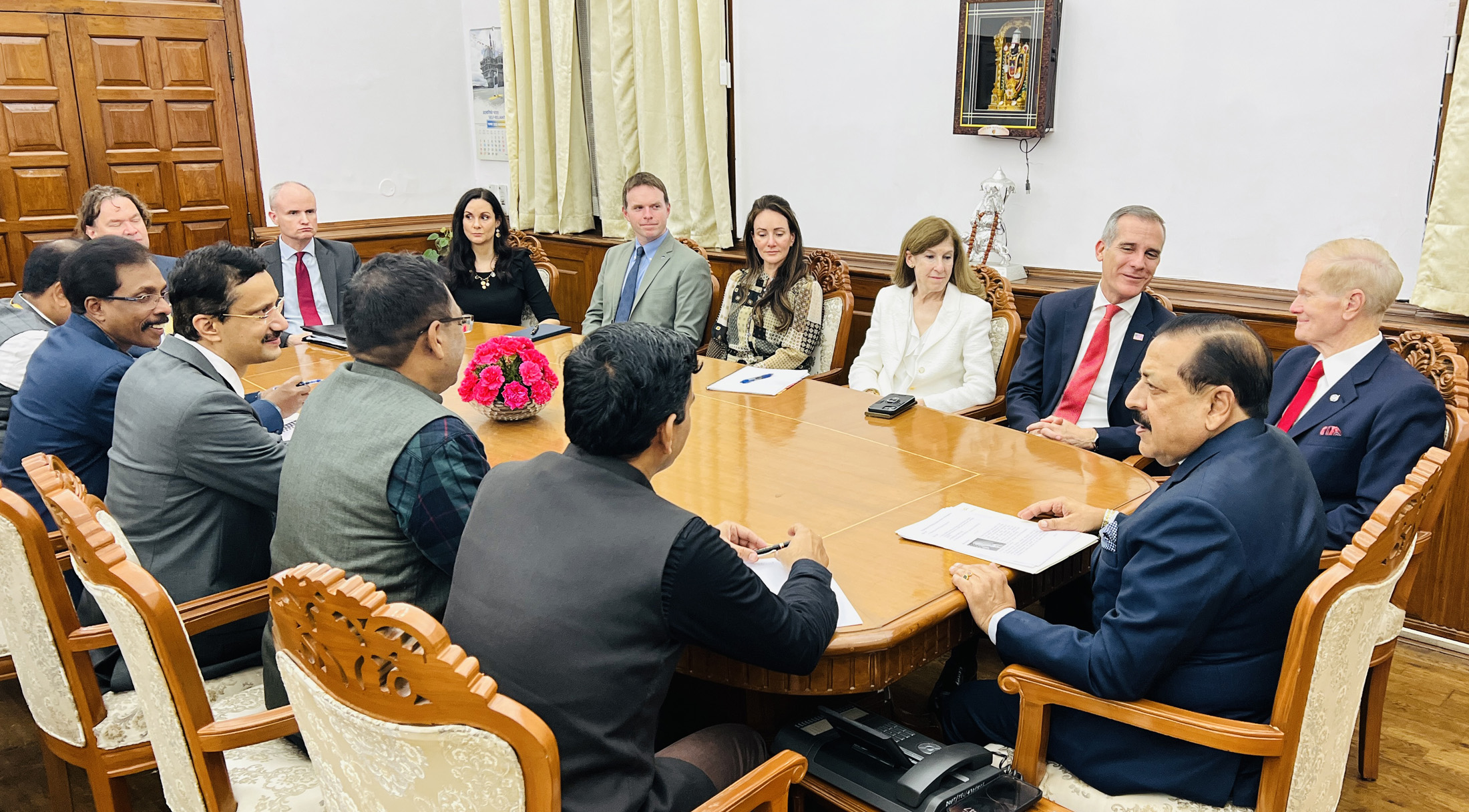 A high-level delegation of NASA led by its Administrator Mr. Bill Nelson calling on the Minister of State (Independent Charge) for Science & Technology, Prime Ministers Office, Personnel, Public Grievances & Pensions, Atomic Energy and Space, Dr. Jitendra Singh, in New Delhi on November 28, 2023. The US Ambassador to India, Mr. Eric Garcetti is also seen.