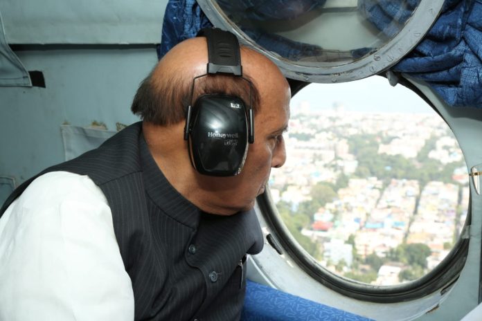 The Union Minister for Defence, Shri Rajnath Singh conducting an aerial survey of flood-affected areas in-and-around Chennai, Tamil Nadu on December 07, 2023.
