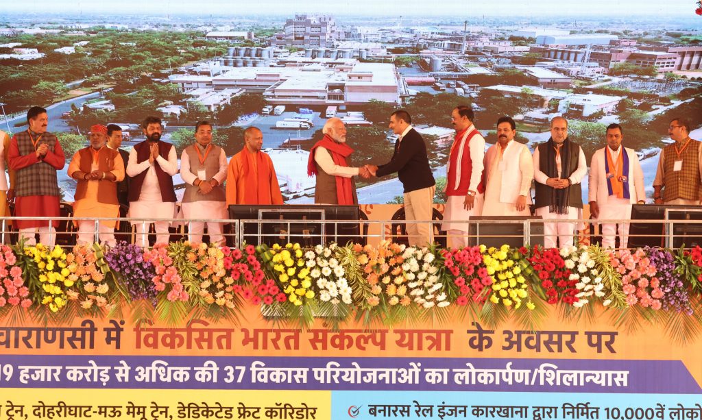 PM at the laying foundation stone of multiple development projects in Varanasi, Uttar Pradesh on December 18, 2023.