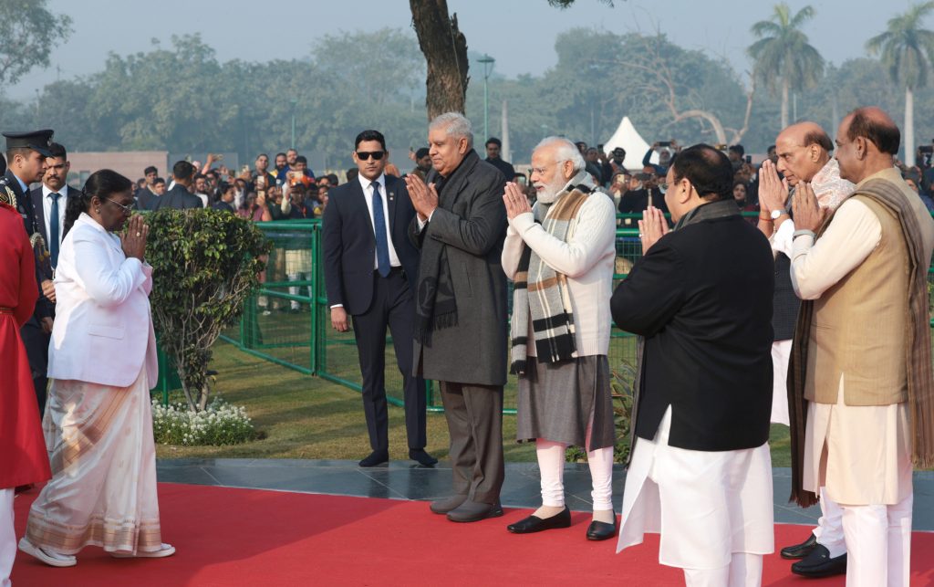 PM arrives for paid tributes to former PM Atal Bihari Vajpayee on his birth anniversary at Sadaiv Atal, in New Delhi on December 25, 2023.