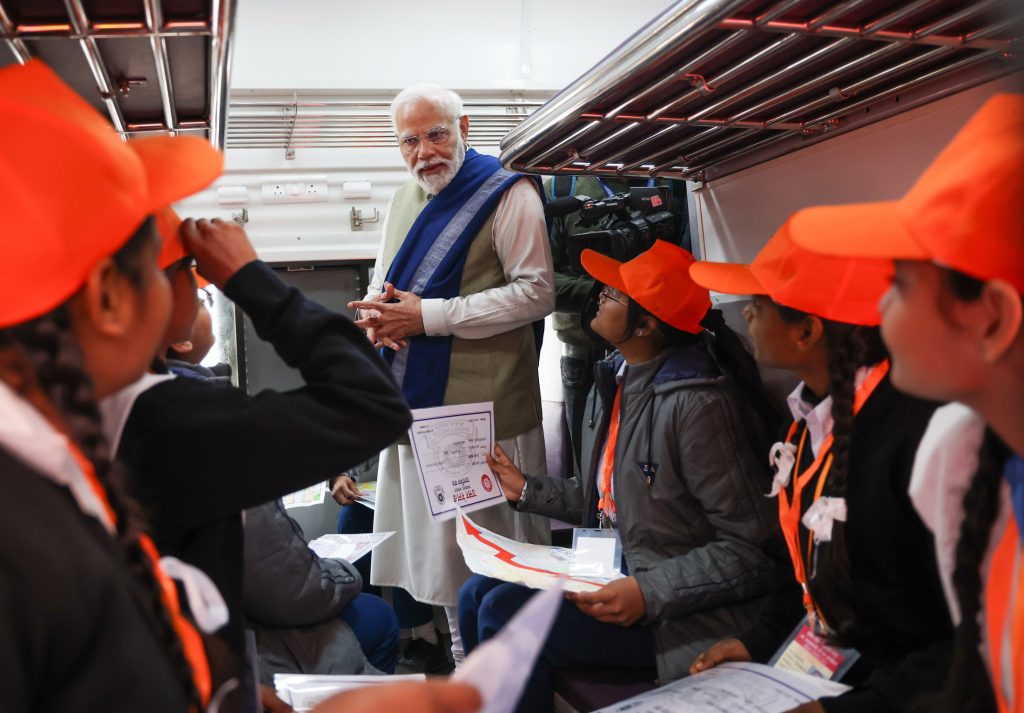 PM interacting with students and staff in newly inaugurated Amrit Bharat train at Ayodhya, in Uttar Pradesh on December 30, 2023.