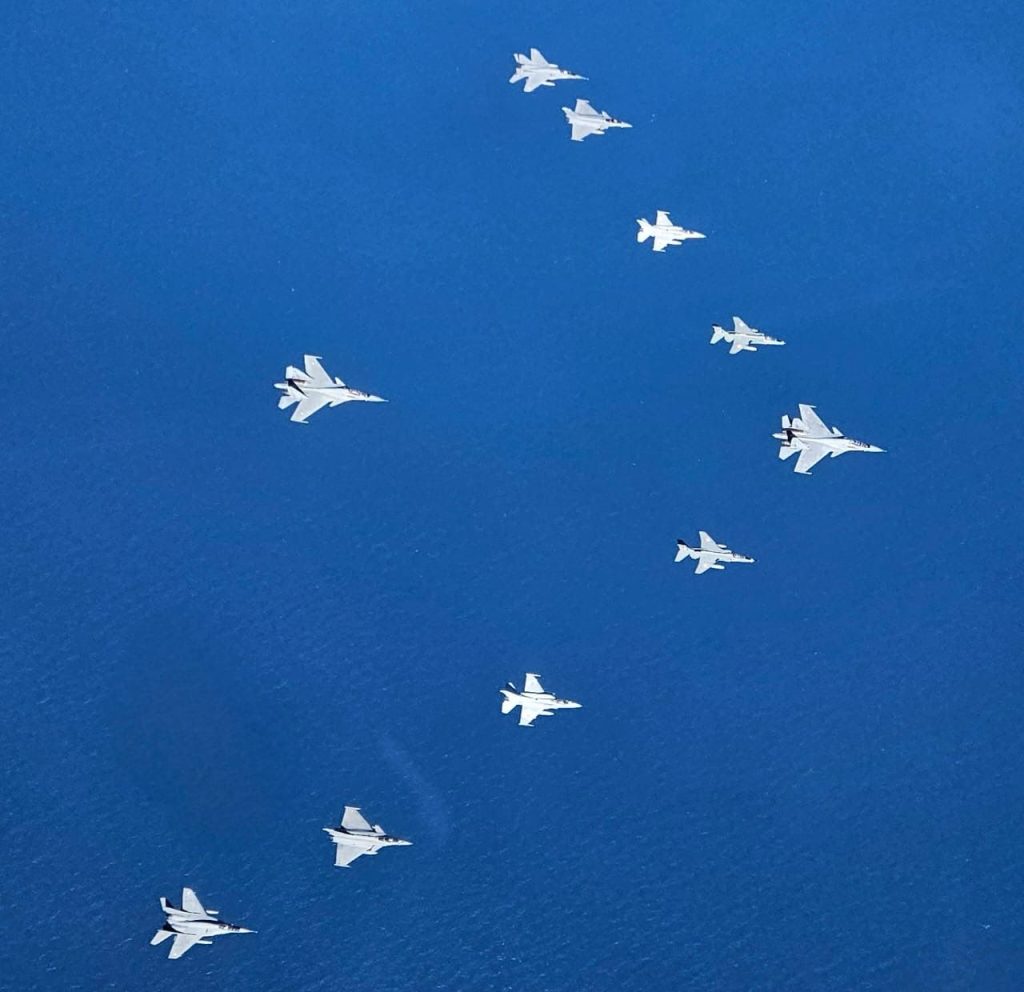 IAF aircraft participating in Exercise Desert Knight along with French Air and Space Force (FASF) and United Arab Emirates (UAE) Air Force conducted over the Arabian Sea on 23 Jan 24.