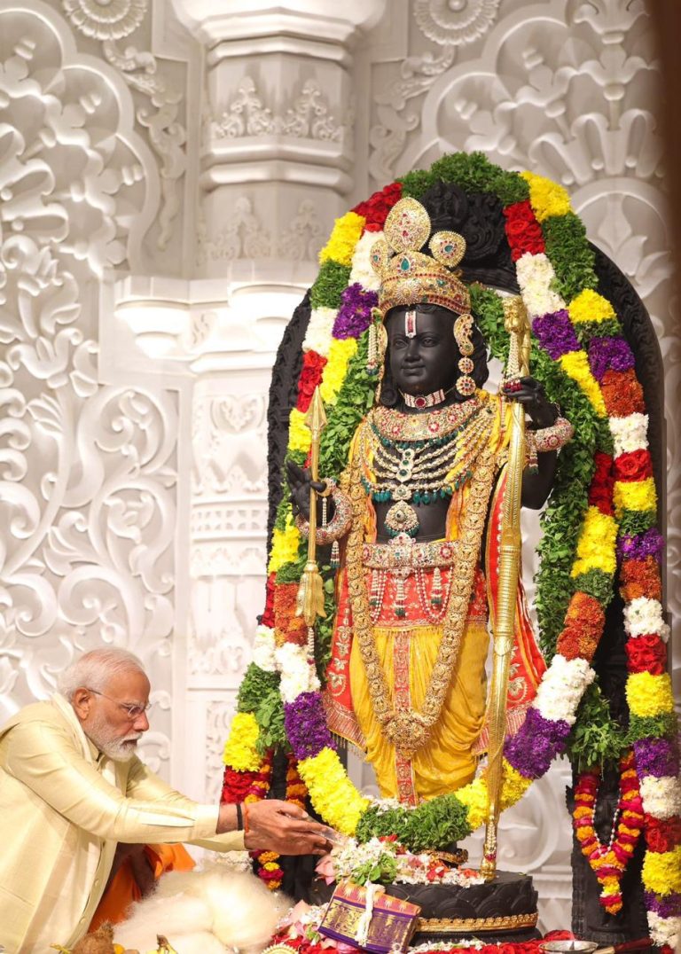 PM at the Pran Pratishtha ceremony of Shree Ram Janmaboomi Temple in Ayodhya, Uttar Pradesh on January 22, 2024.