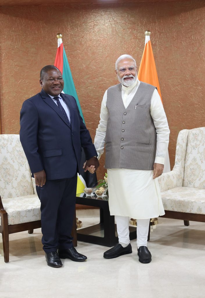 PM meets the Mozambique President, Mr. Filipe Jacinto Nyusi at Gandhinagar, in Gujarat on January 09, 2024.