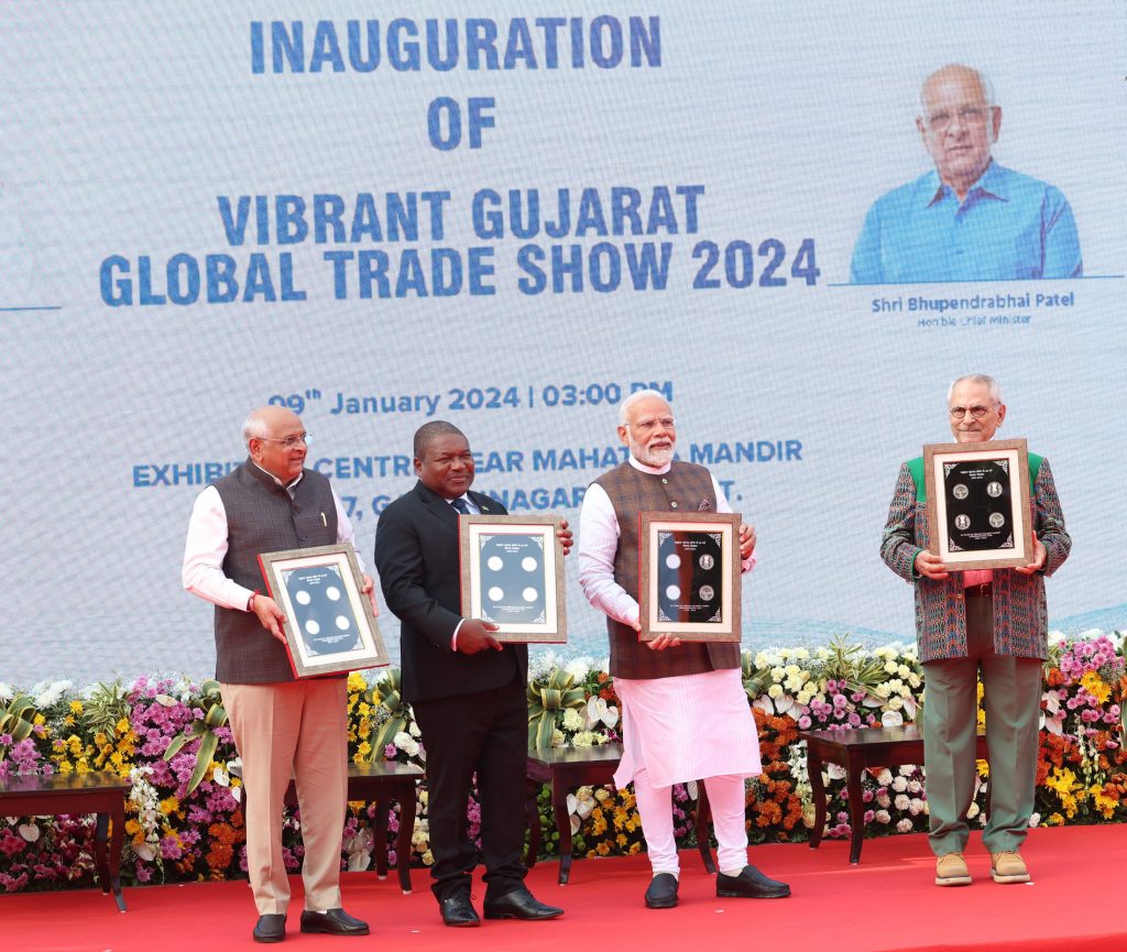 PM at the inauguration of Vibrant Gujarat Global Trade Show at Gandhinagar, in Gujarat on January 09, 2024.