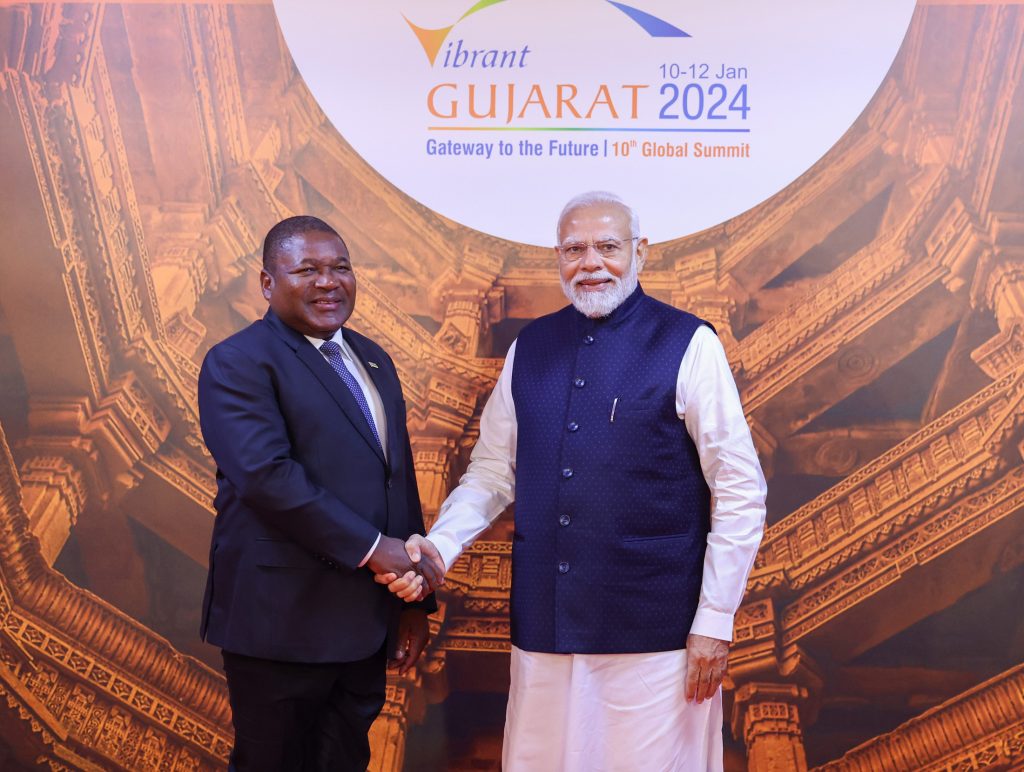 PM welcomes the Mozambique President, Mr. Filipe Jacinto Nyusi at Mahatma Mandir for the Vibrant Gujarat Summit at Gandhinagar, in Gujarat on January 10, 2024.