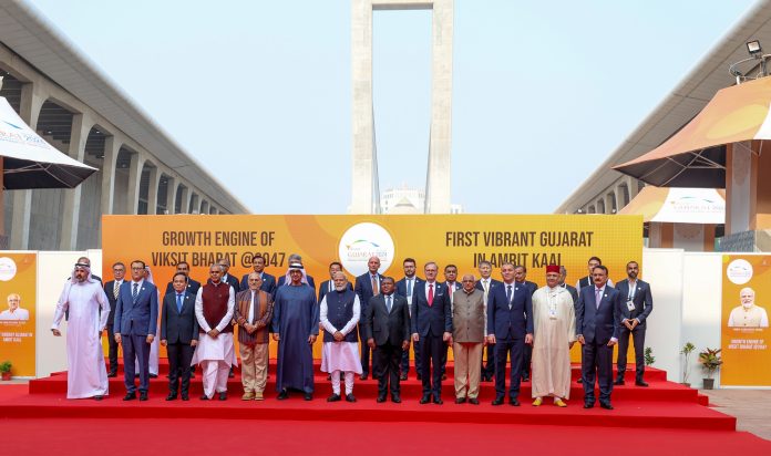 PM with visiting Heads of State/Government and other participating dignitaries at the 10th Vibrant Gujarat Summit at Gandhinagar, in Gujarat on January 10, 2024.