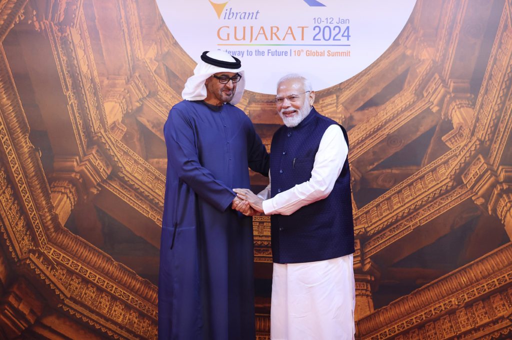 PM welcomes the President of UAE, Mohamed bin Zayed Al Nahyan at Vibrant Gujarat Global Summit 2024 in Gandhinagar, Gujarat on January 10, 2024.