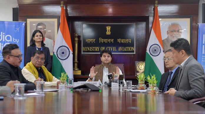 The Union Minister of Steel and Civil Aviation, Shri Jyotiraditya M. Scindia addressing media at the flagging off ceremony of flight from Ayodhya to Ahmedabad, in New Delhi on January 11, 2024. The Union Minister of Steel and Civil Aviation, Shri Jyotiraditya M. Scindia addressing media at the flagging off ceremony of flight from Ayodhya to Ahmedabad, in New Delhi on January 11, 2024.