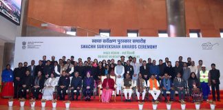 Swachh Survekshan Awards 2023 conferred The President of India, Smt Droupadi Murmu in a group photograph during the Swachh Survekshan Awards Ceremony at Bharat Mandapam, in New Delhi on January 11, 2024.
