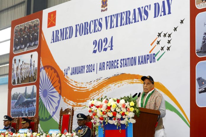The Union Minister for Defence, Shri Rajnath Singh addressing the ex-servicemen at Air Force Station, Kanpur on the occasion of 8th Armed Forces Veterans Day on January 14, 2024.