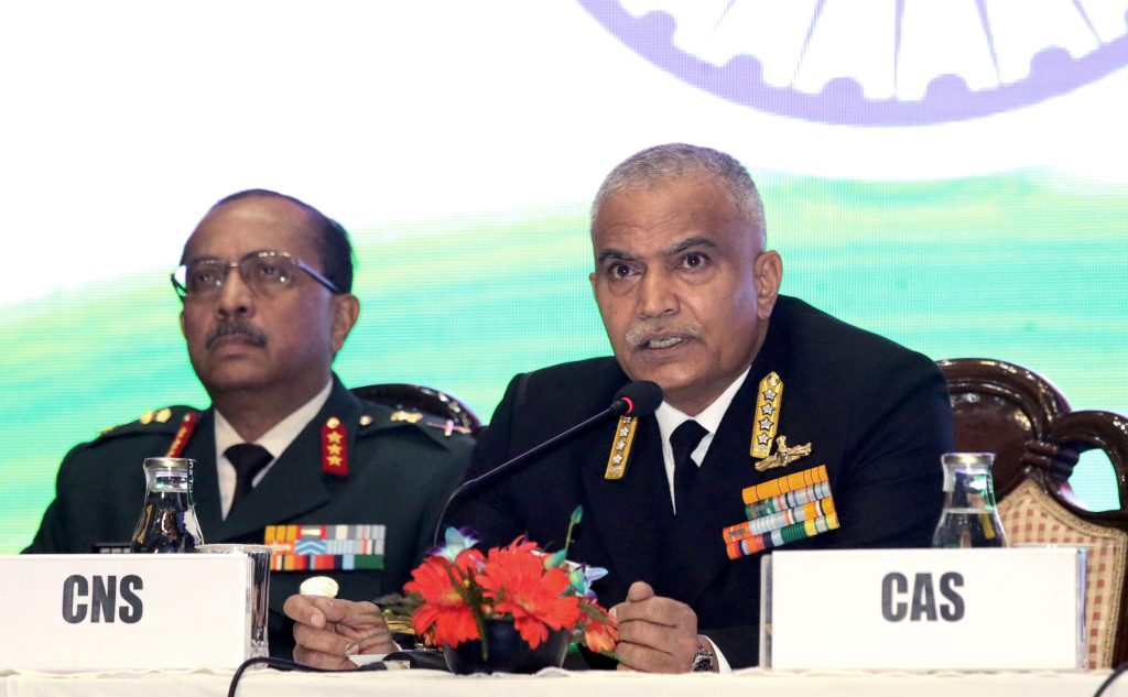 The Chief of the Naval Staff Admiral R Hari Kumar addressing at the 8th Armed Forces Veterans’ Day event, in New Delhi on January 14, 2024.