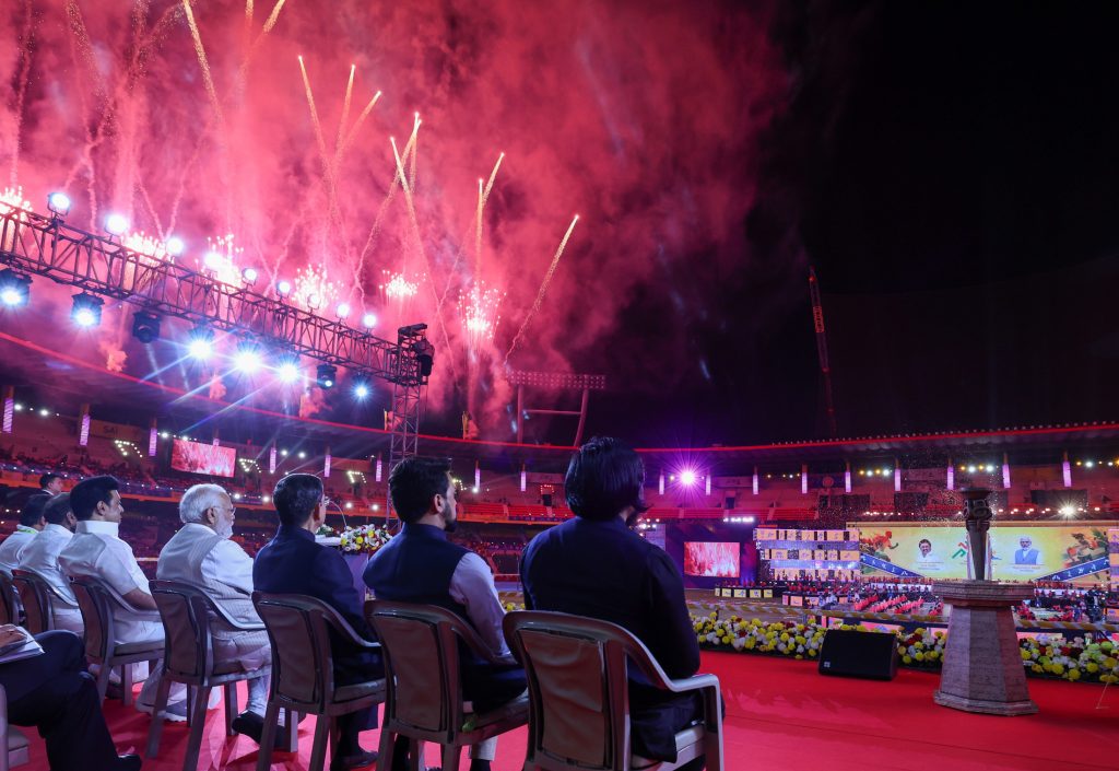 PM at the inauguration of opening ceremony of the Khelo India Youth Games 2023 at Jawaharlal Nehru Stadium, in Chennai, Tamil Nadu on January 19, 2024.