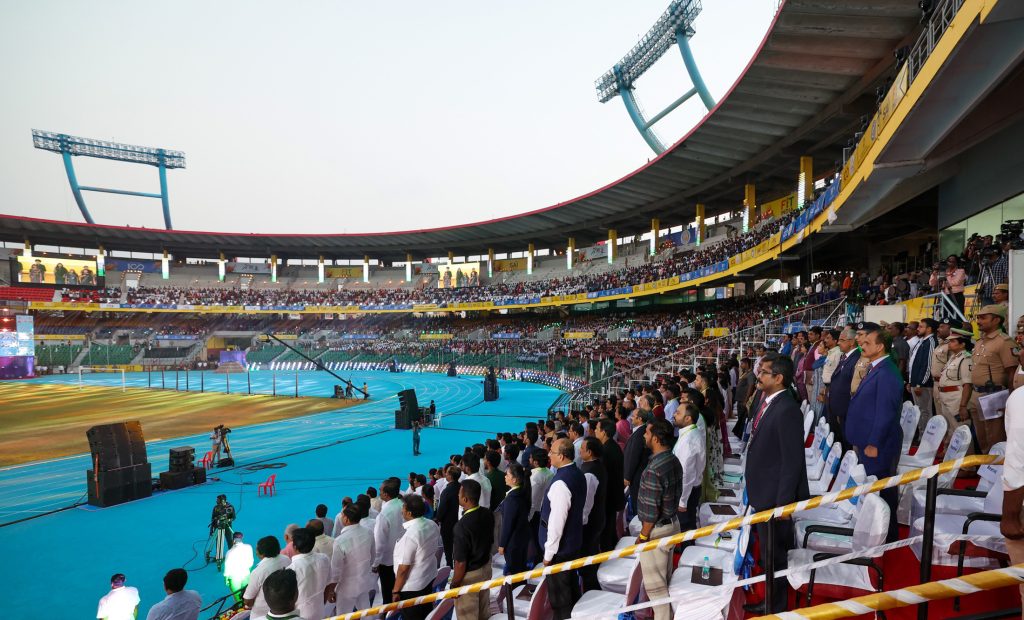 Gathering at the inauguration of opening ceremony of the Khelo India Youth Games 2023 at Jawaharlal Nehru Stadium, in Chennai, Tamil Nadu on January 19, 2024. PM addressing on the occasion.