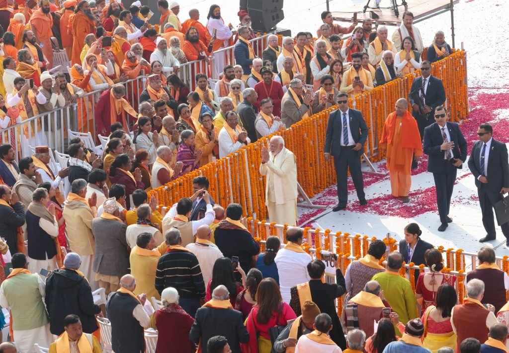 PM at the Pran Pratishtha ceremony of Shree Ram Janmaboomi Temple in Ayodhya, Uttar Pradesh on January 22, 2024.