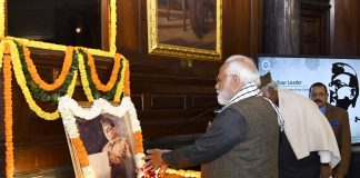 Prime Minister extends greetings to the people of India on Parakram Diwas PM pays floral tributes to Netaji Subhas Chandra Bose on the occasion of his birth anniversary at Central Hall of Samvidhan Sadan, in New Delhi on January 23, 2024.