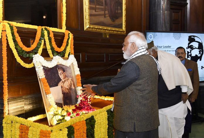 PM pays floral tributes to Netaji Subhas Chandra Bose on the occasion of his birth anniversary at Central Hall of Samvidhan Sadan, in New Delhi on January 23, 2024.