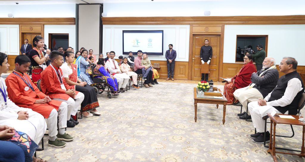 PM interacts with Pradhan Mantri Rashtriya Bal Puraskar awardees 2024, in New Delhi on January 23, 2024.