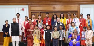 PM interacts with Pradhan Mantri Rashtriya Bal Puraskar awardees PM in a group photograph with Pradhan Mantri Rashtriya Bal Puraskar awardees 2024, in New Delhi on January 23, 2024.
