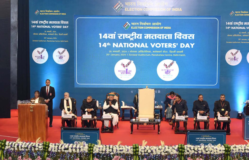 The President of India, Smt Droupadi Murmu addressing the gathering during the 14th National Voters’ Day celebrations, in New Delhi on January 25, 2024.