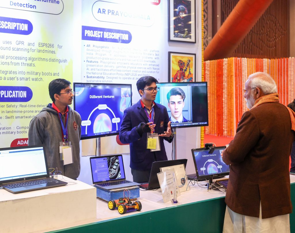 PM visits an exhibition ahead of 7th edition of Pariksha Pe Charcha (PPC) at Bharat Mandapam, in New Delhi on January 29, 2024.