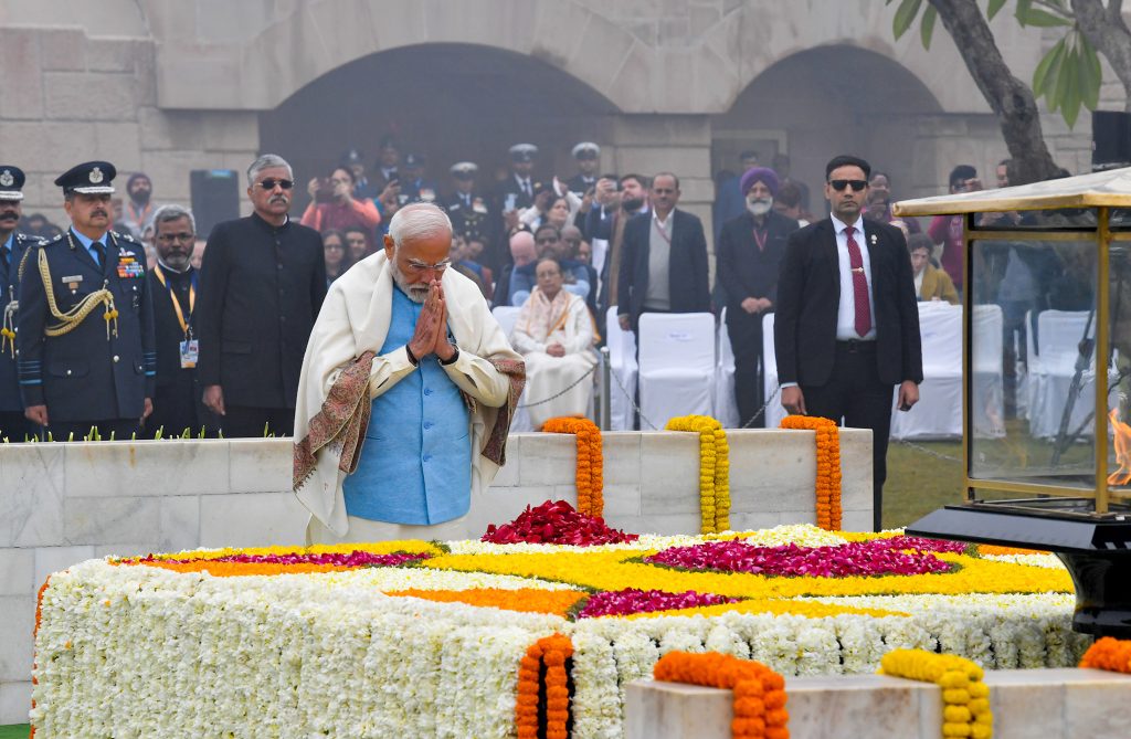 PM paying homage to the Father of the Nation Mahatma Gandhi on his death anniversary at Rajghat, in Delhi on January 30, 2024.
