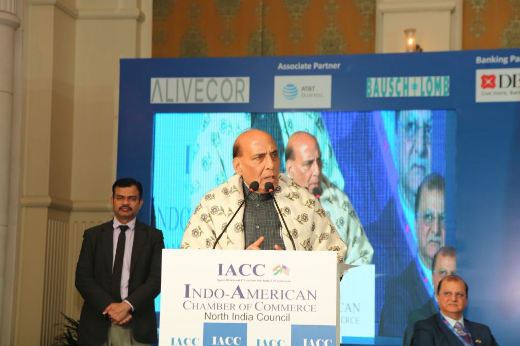 The Union Minister for Defence, Shri Rajnath Singh addressing the conference on ‘Strengthening Indo-US Relationship in Amrit Kaal - Aatmanirbhar Bharat’ organised by Indo-American Chamber of Commerce, in New Delhi on January 30, 2024.