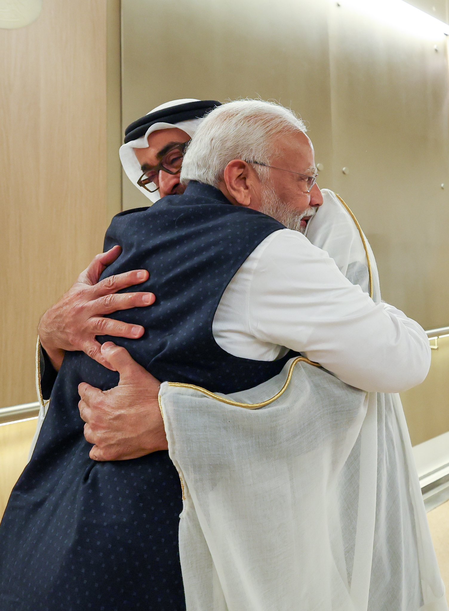 PM being welcomed by the President of the United Arab Emirates, Sheikh Mohammed bin Zayed Al Nahyan during his visit to Abu Dhabi, in United Arab Emirates (UAE) on February 13, 2024.