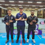 (L-R)- Gurmeet, Anish Bhanwala & Bhavesh Shekhawat after the men's 25m rapid-fire pistol T3 final at the M.P. State Shooting Academy ranges on 25.02.2024.
