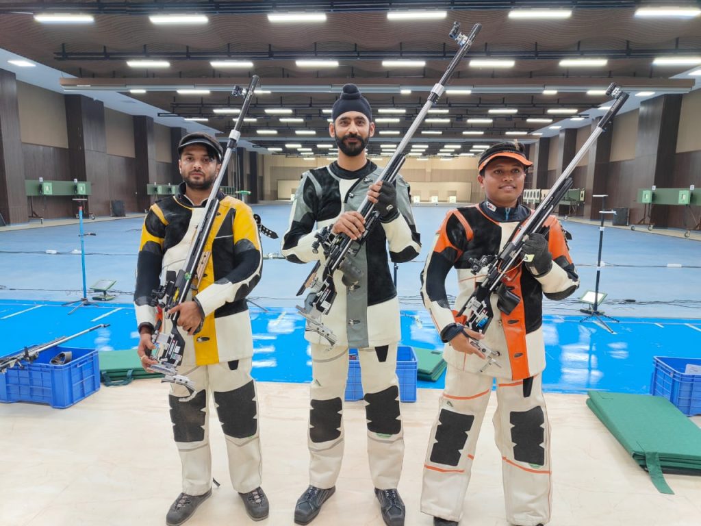 (L-R)- Goldie Gurjar, Ganga Singh & lagad Saurav Gorakh after the men's 50m rifle 3 positions final at the M.P. State Shooting Academy ranges on 25.02.2024.
