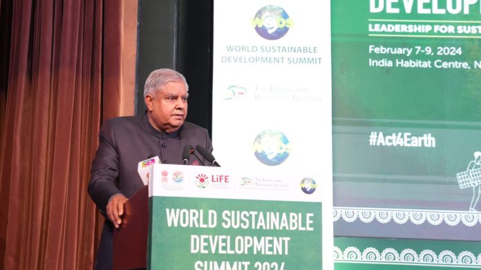 The Vice President, Shri Jagdeep Dhankhar delivering the inaugural address at the World Sustainable Development Summit 2024 organised by the Energy and Resources Institute (TERI) at India Habitat Centre, in New Delhi on February 07, 2024.