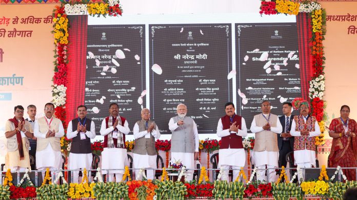 PM dedicates to the nation and lays the foundation stone of multiple development projects at Jhabua, in Madhya Pradesh on February 11, 2024.